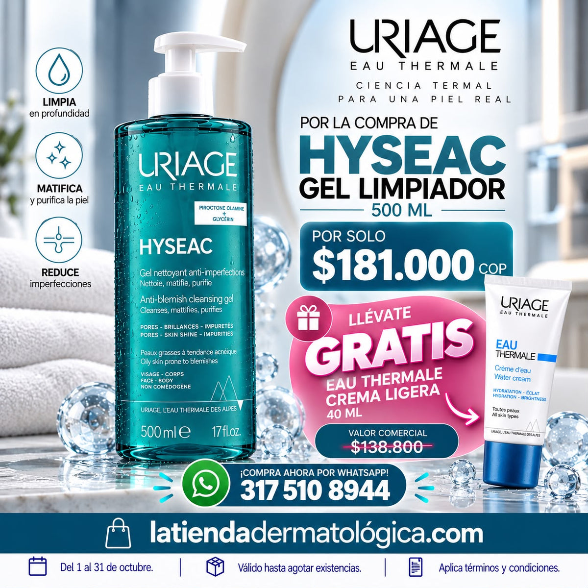 HYSEAC GEL LIMPIADOR x 500ml GRATIS EAU Termal Crema Ligera x 40ML